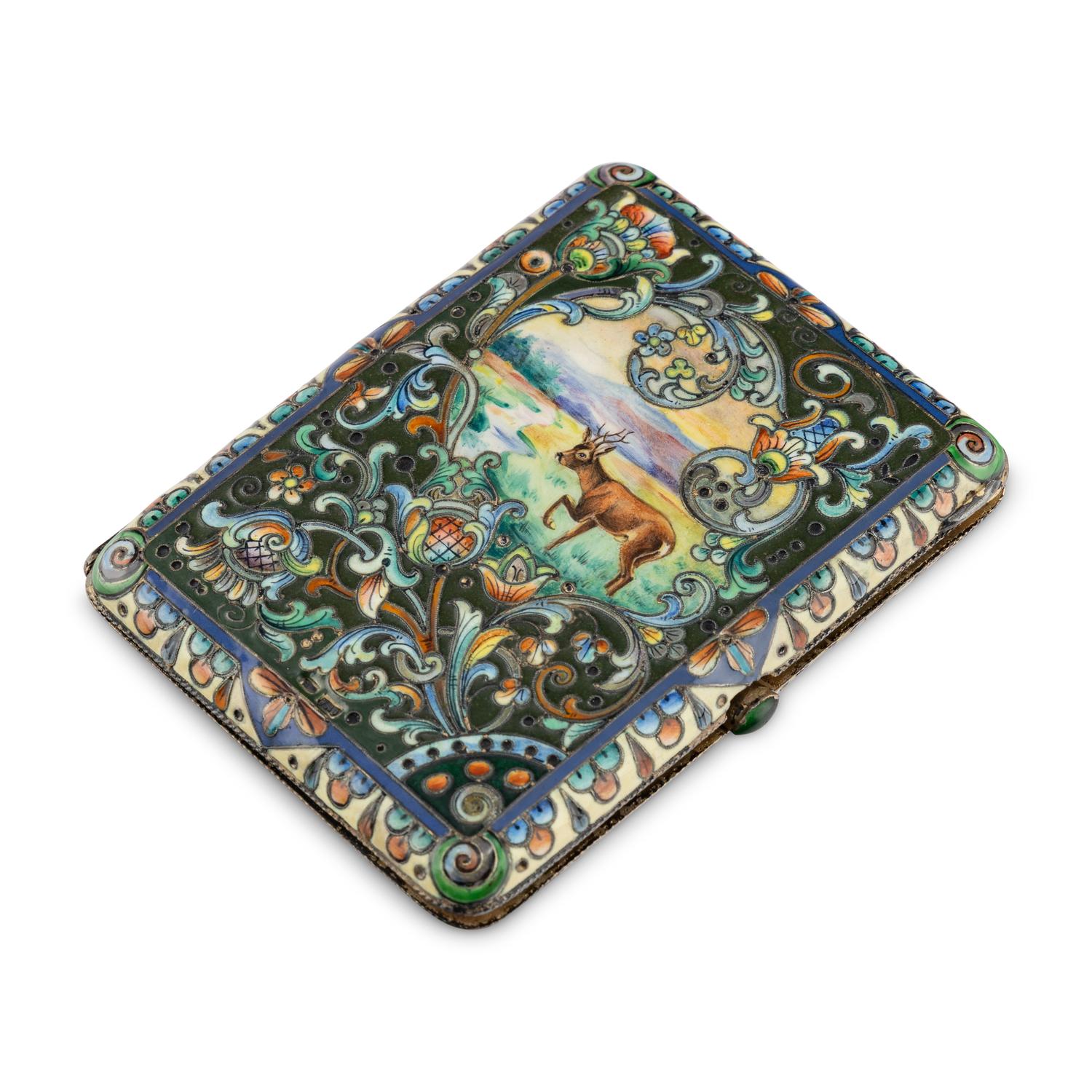 A Russian En Plein Enamel and Silver Cigarette Case