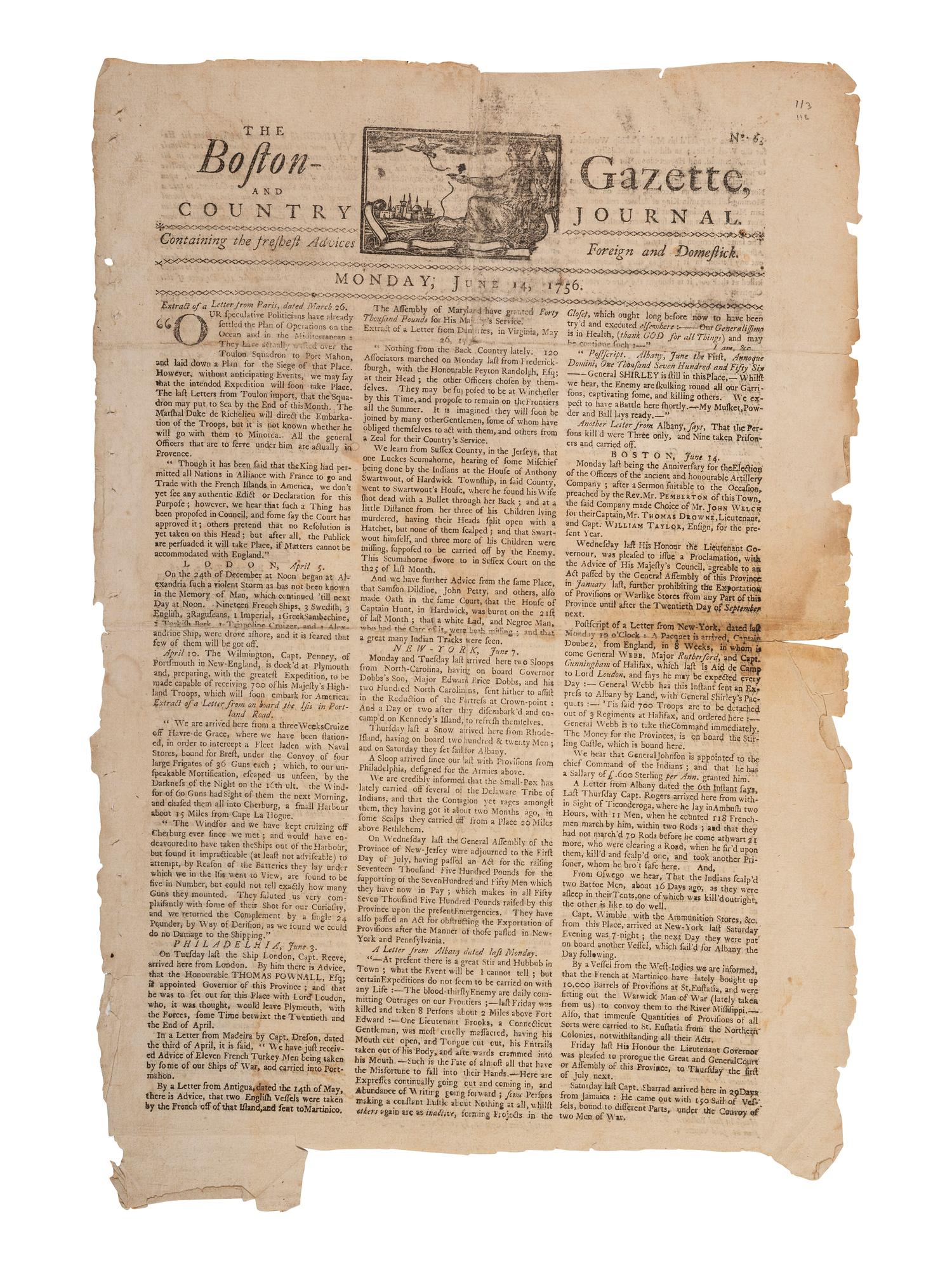 [French & Indian War] The Boston Gazette and Country Journal
