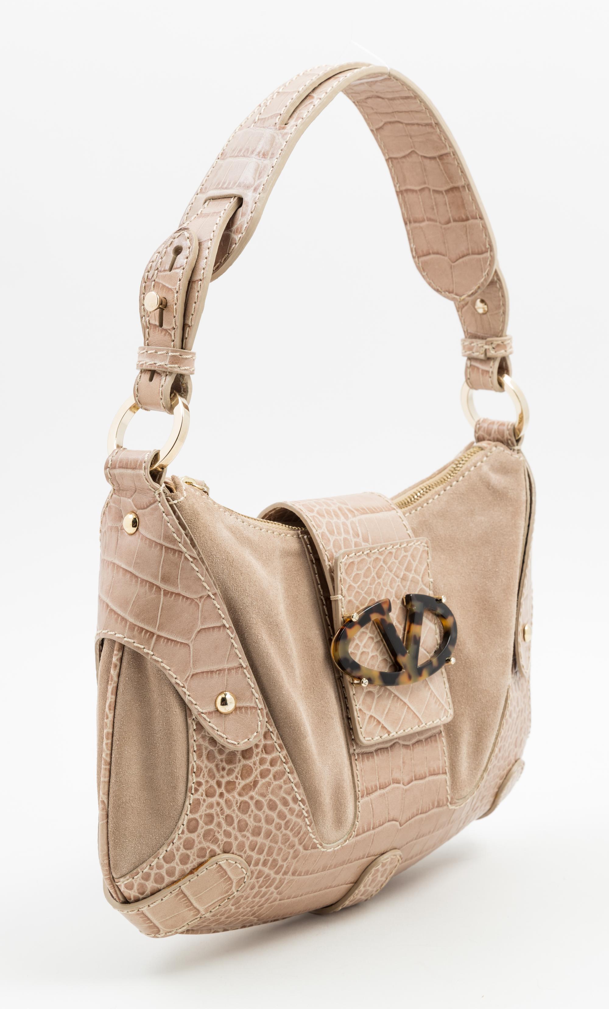 A Valentino Garavani Tan Suede Bag, 12" x 8" x 1"; Strap drop: 8".