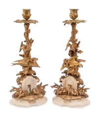 A Pair of Napoleon III Silvered Bronze and Marble Candlesticks