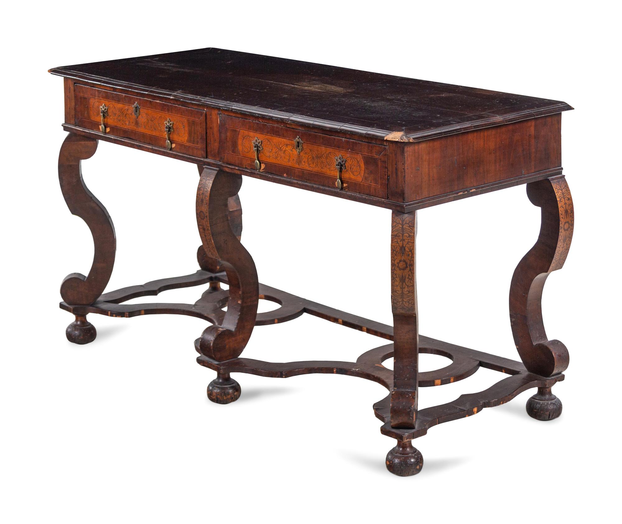 A William and Mary Style Walnut and Marquetry Library Table