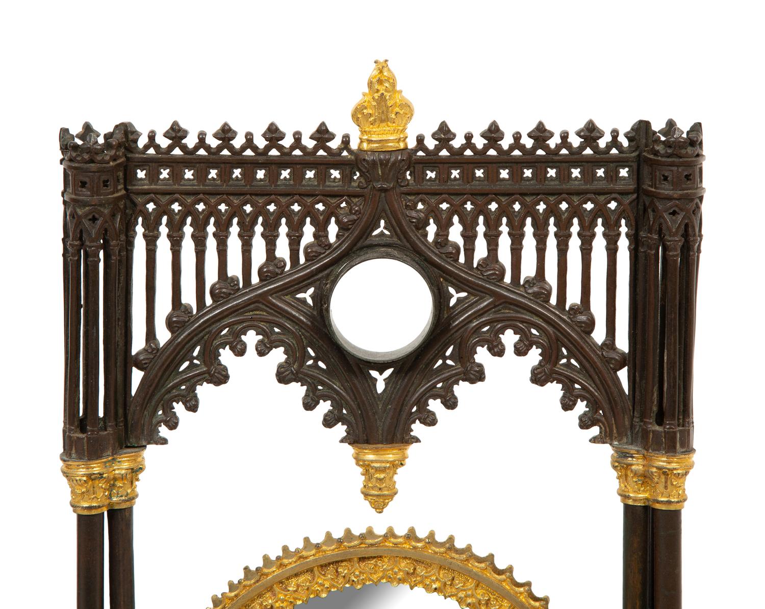 A Charles X Gothic-Motif Patinated, Gilt Bronze and Satinwood Dressing Mirror