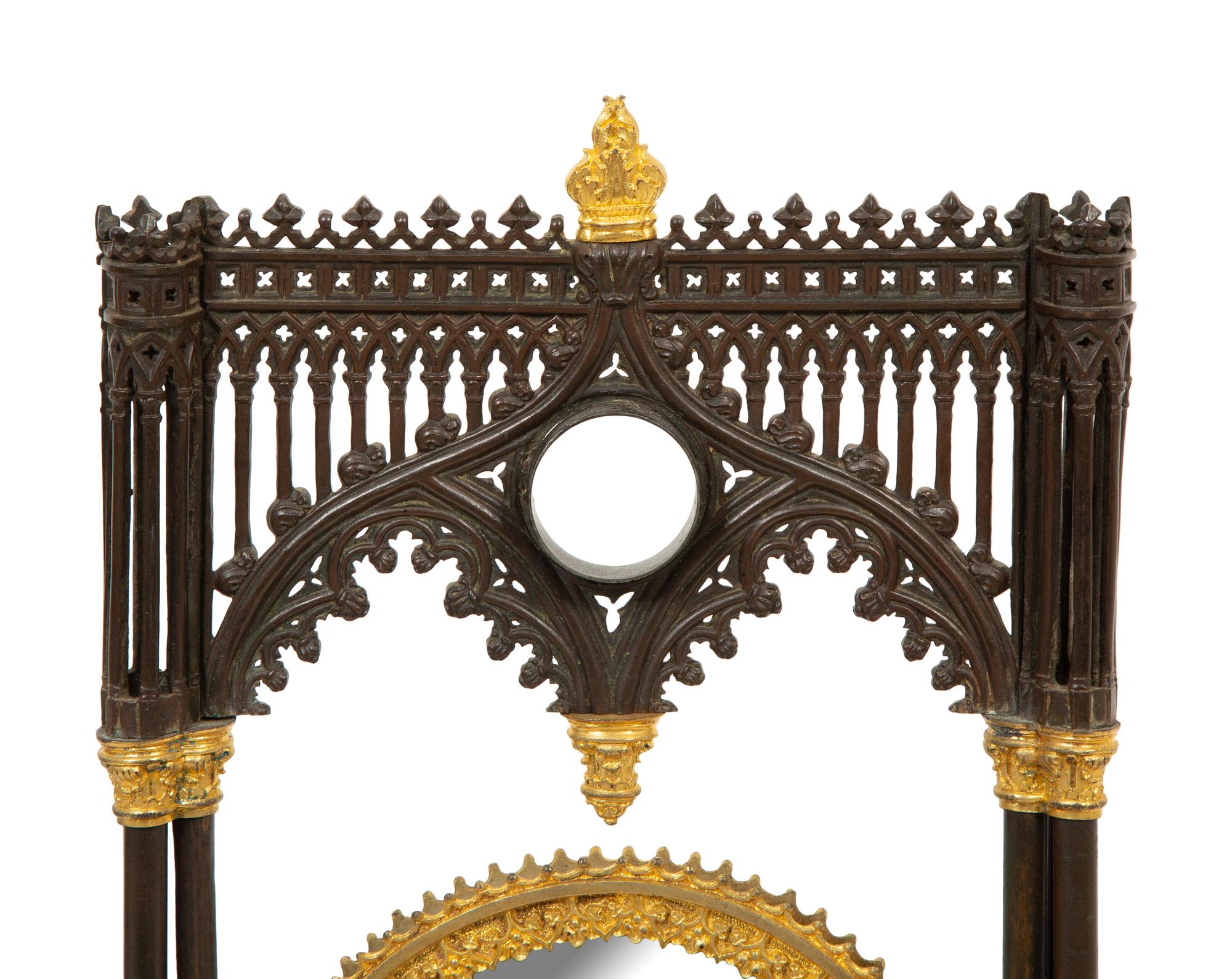 A Charles X Gothic-Motif Patinated, Gilt Bronze and Satinwood Dressing Mirror