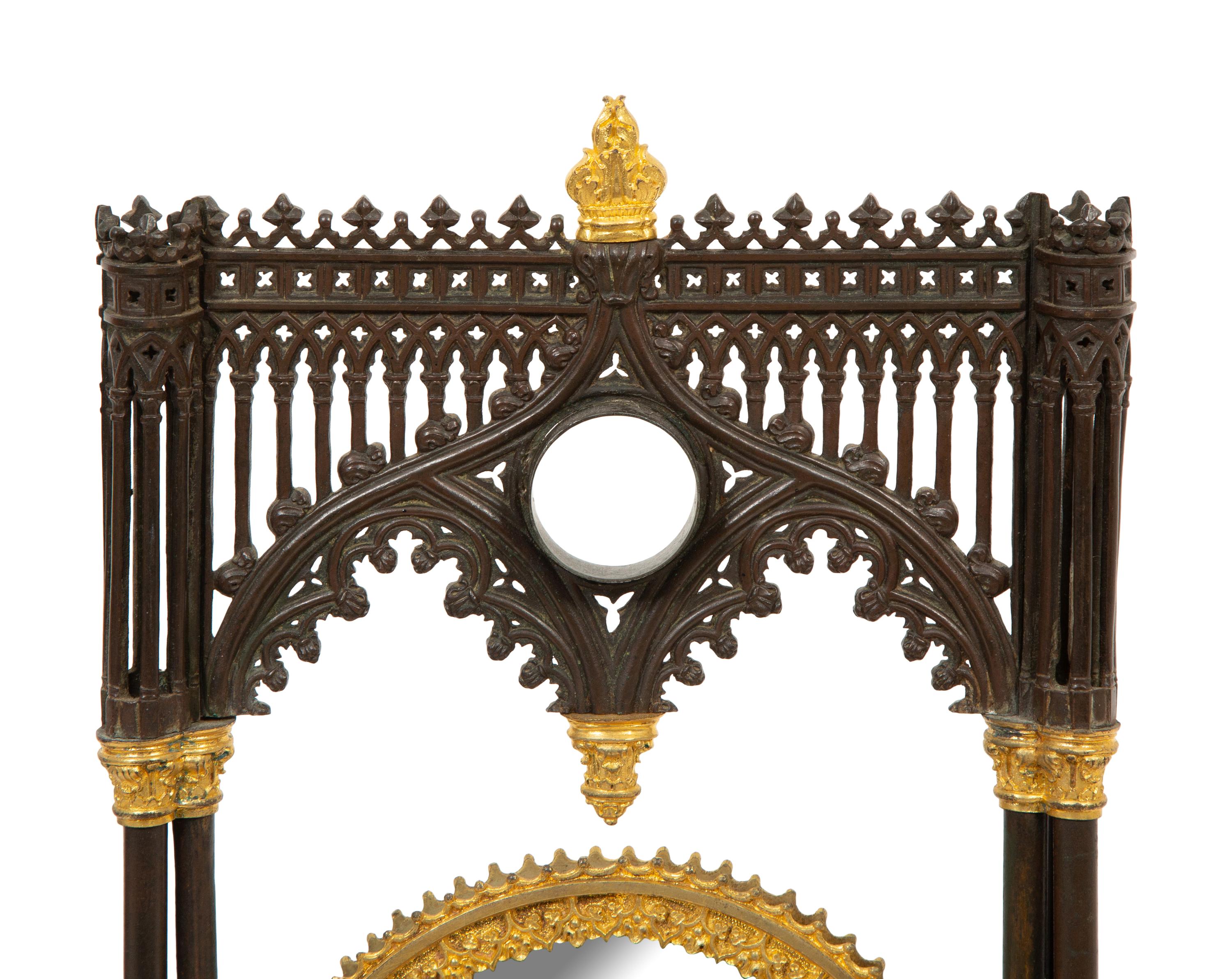 A Charles X Gothic-Motif Patinated, Gilt Bronze and Satinwood Dressing Mirror