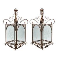 A Pair of Spanish Iron and Etched Glass Hall Lanterns