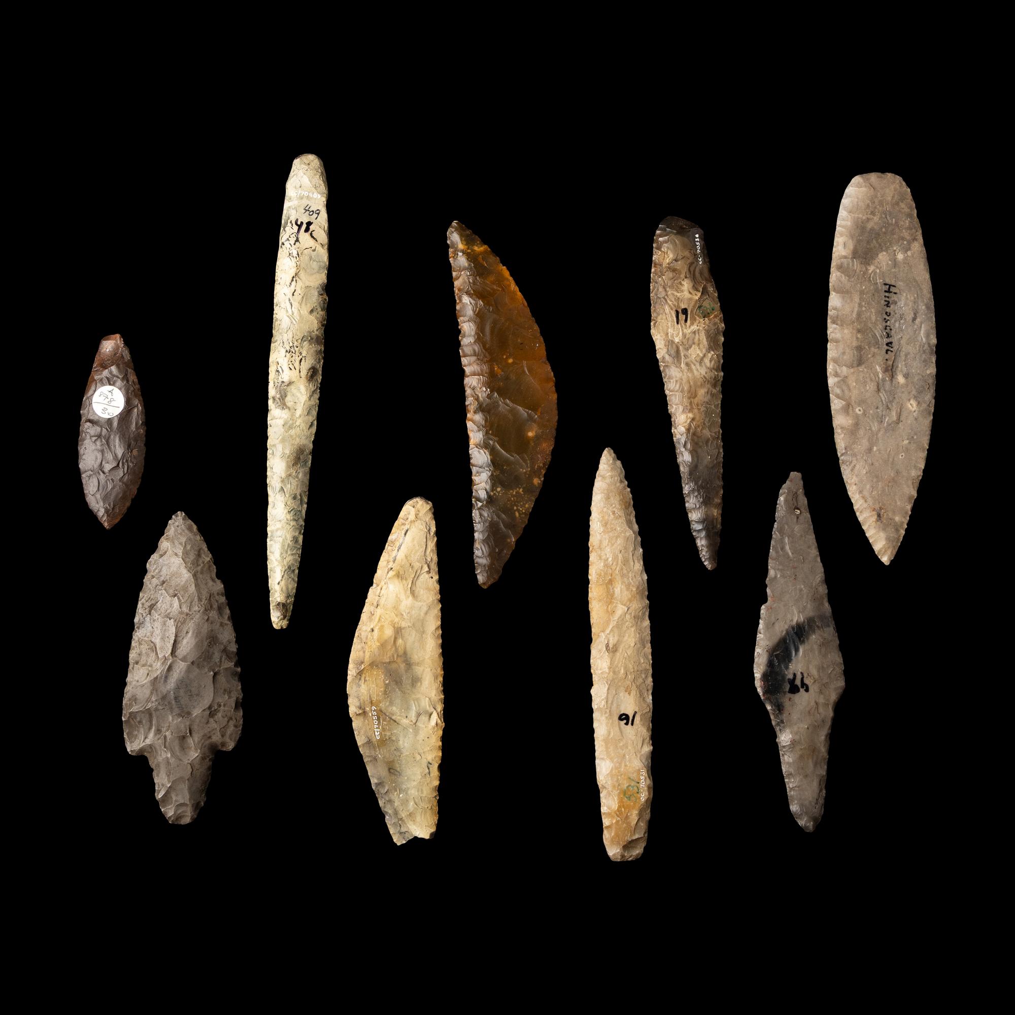 Nine Neolithic Flint Daggers, Spear Points, Sickles and Arrow Heads