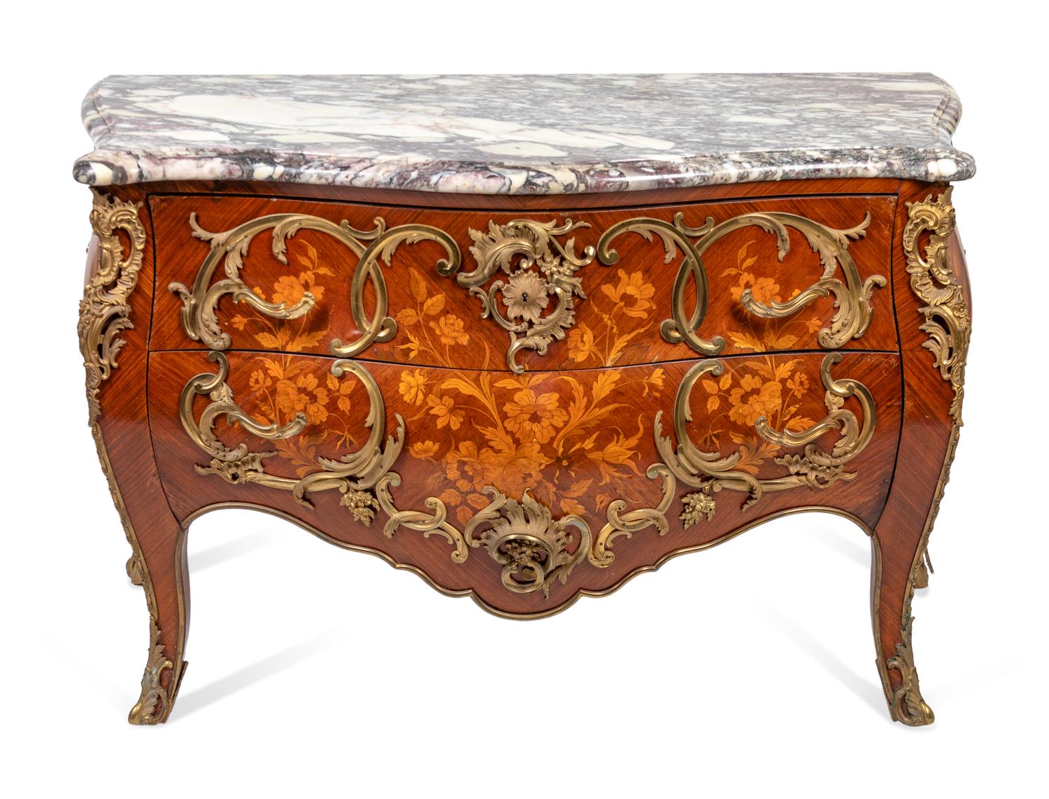 A Louis XV Style Gilt-Bronze-Mounted Marquetry Bombe Commode