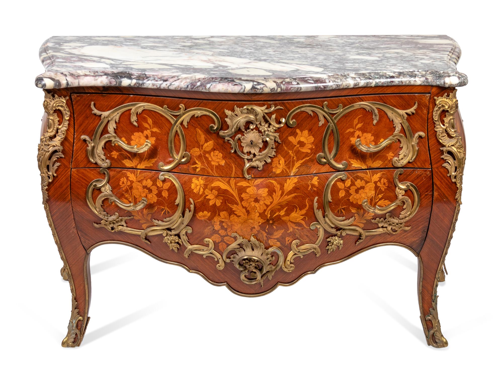 A Louis XV Style Gilt-Bronze-Mounted Marquetry Bombe Commode