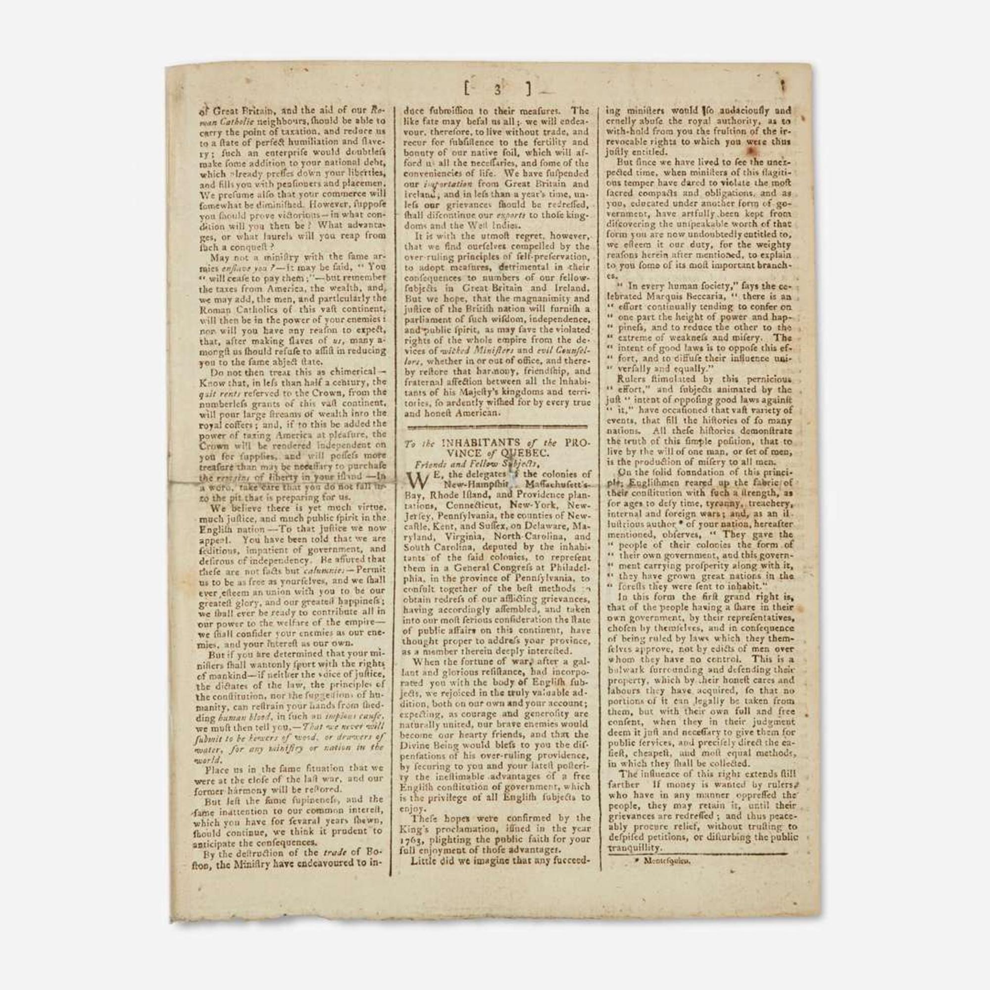 [Americana] [First Continental Congress] (Jay, John, and John Dickinson) Supplement to the Edinburgh Advertiser