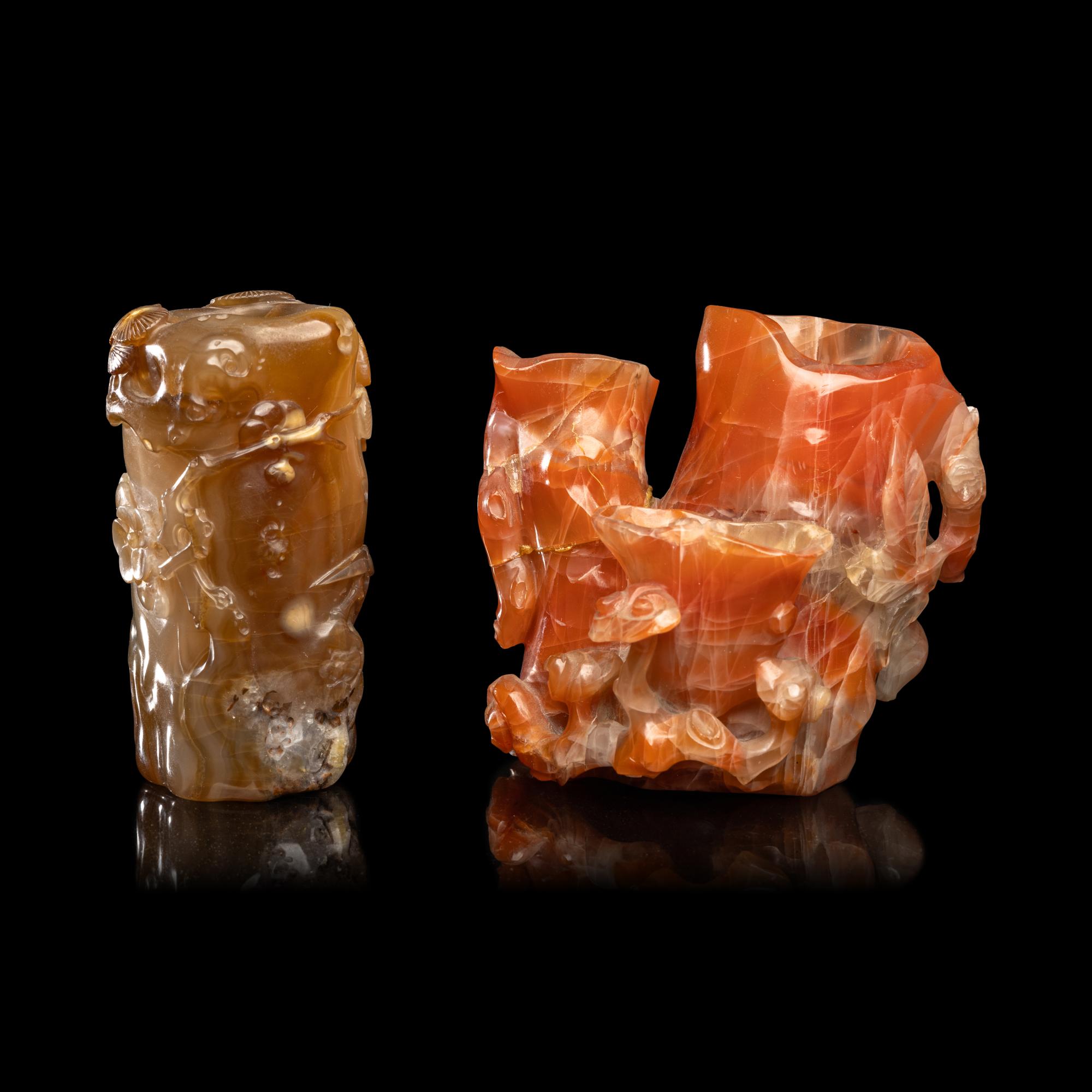 Two Chinese Carved Agate Brushpots, Bitong 瑪瑙筆筒兩件