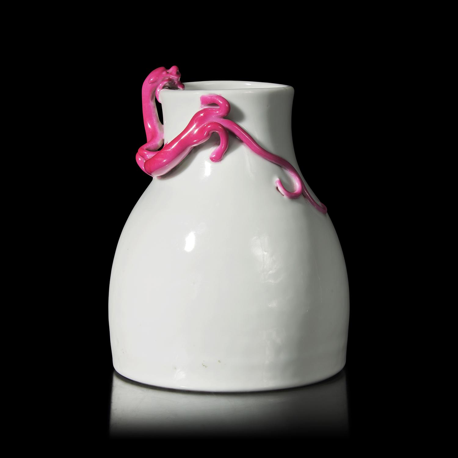 A Chinese Ruby Enameled White Glazed Porcelain 'Chilong' Vase, Possibly 18th Century — 或為清中期 “毓秀軒製”款白釉盤粉彩螭龍瓶