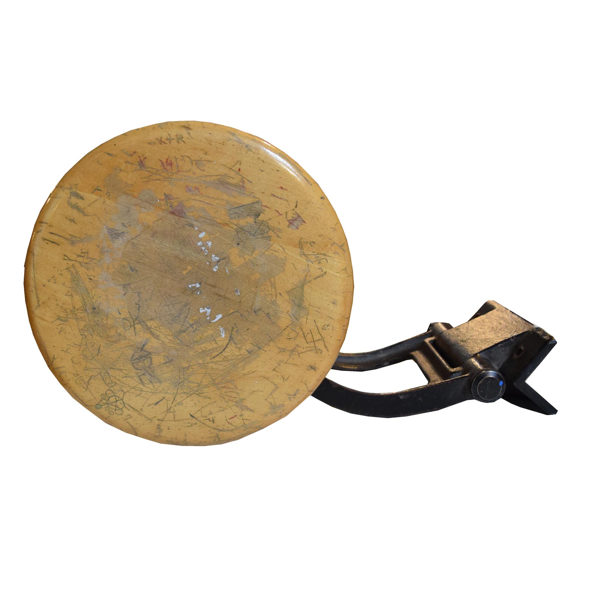 An Iron and Wood Swing Arm Stool 19.5" W x 10 " D x 12" H — United States, Circa 1930