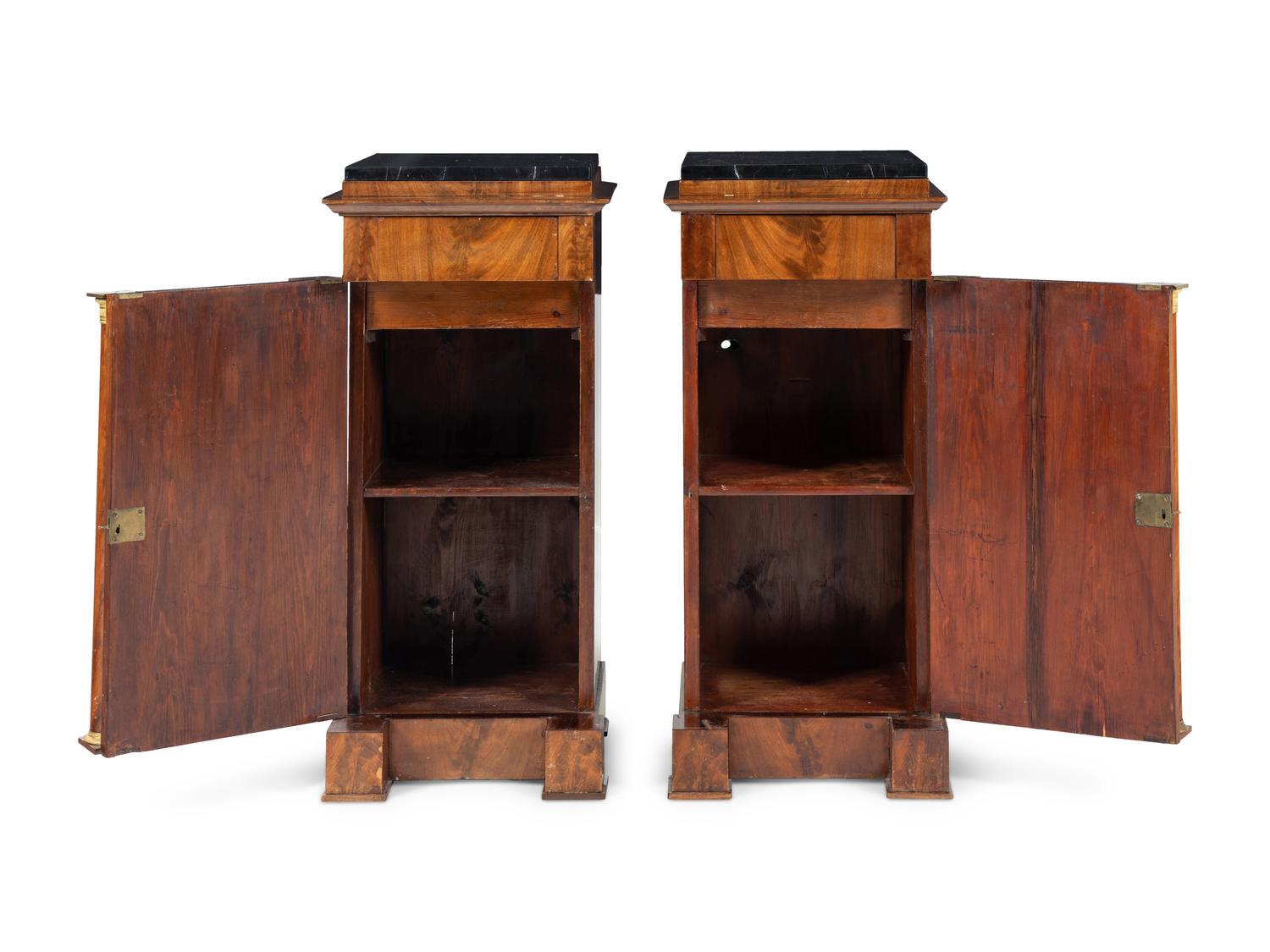 A Pair of Empire Style Mahogany Marble-Top Side Cabinets