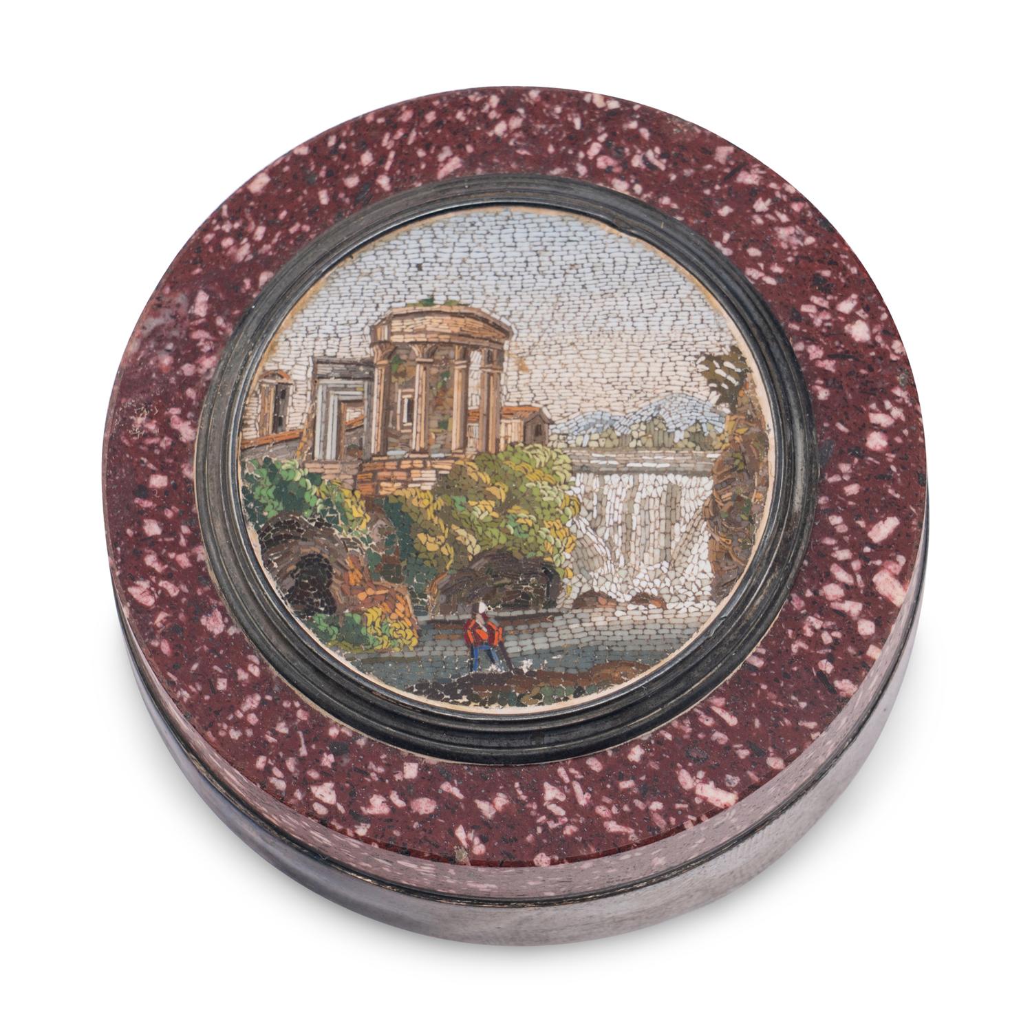 An Italian Micromosaic-Inset Porphyry Circular Box