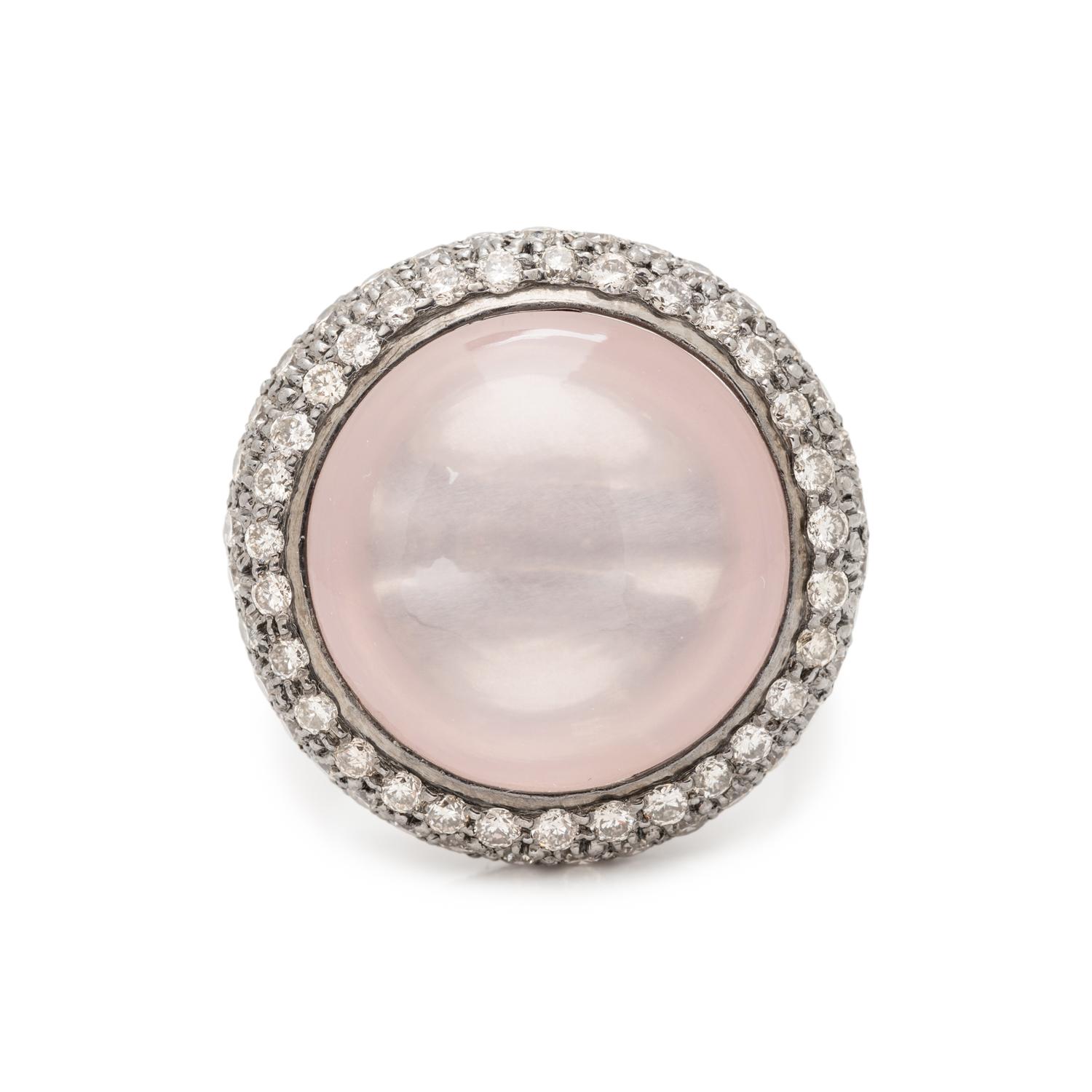 ROSE QUARTZ, DIAMOND, AND STERLING SILVER RING