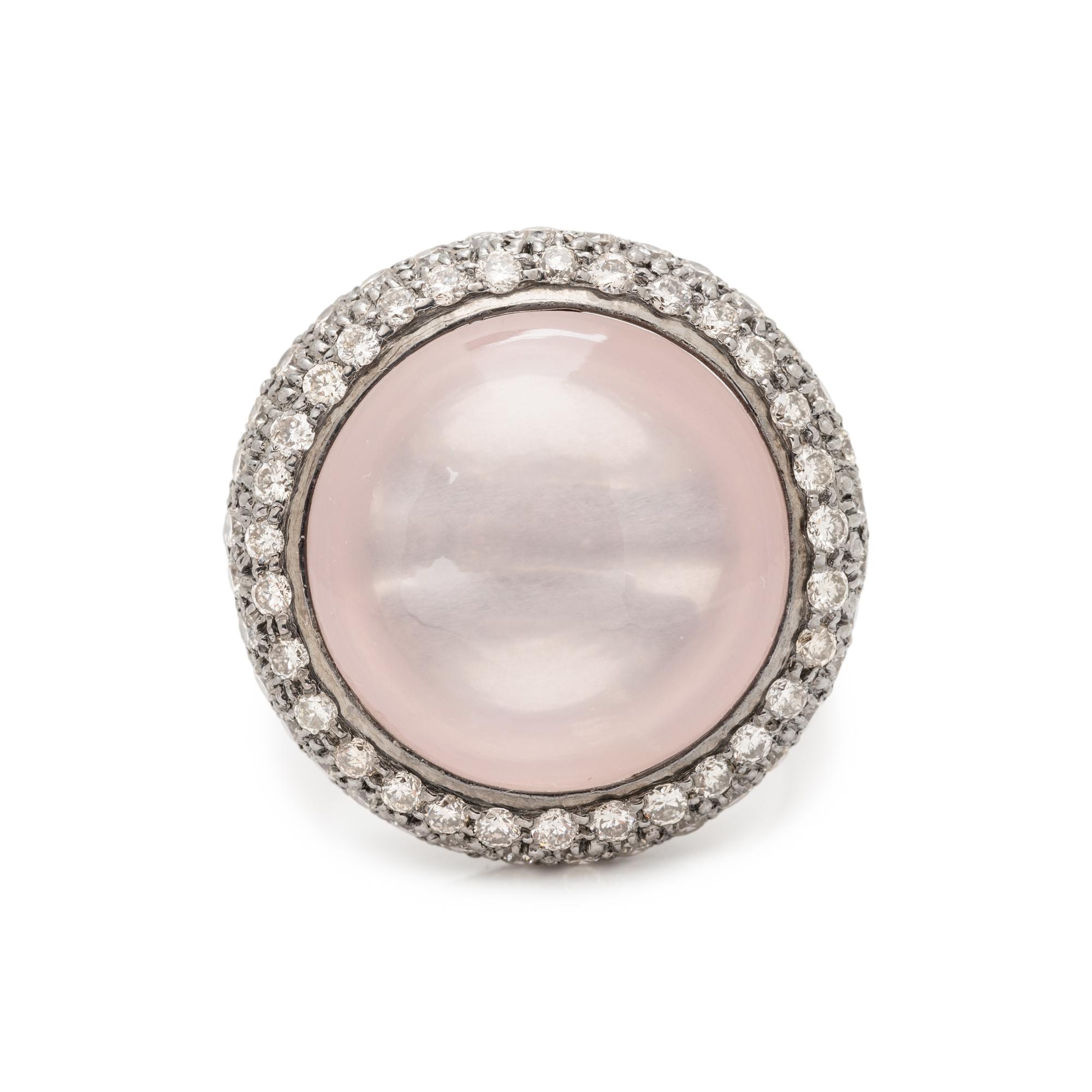 ROSE QUARTZ, DIAMOND, AND STERLING SILVER RING