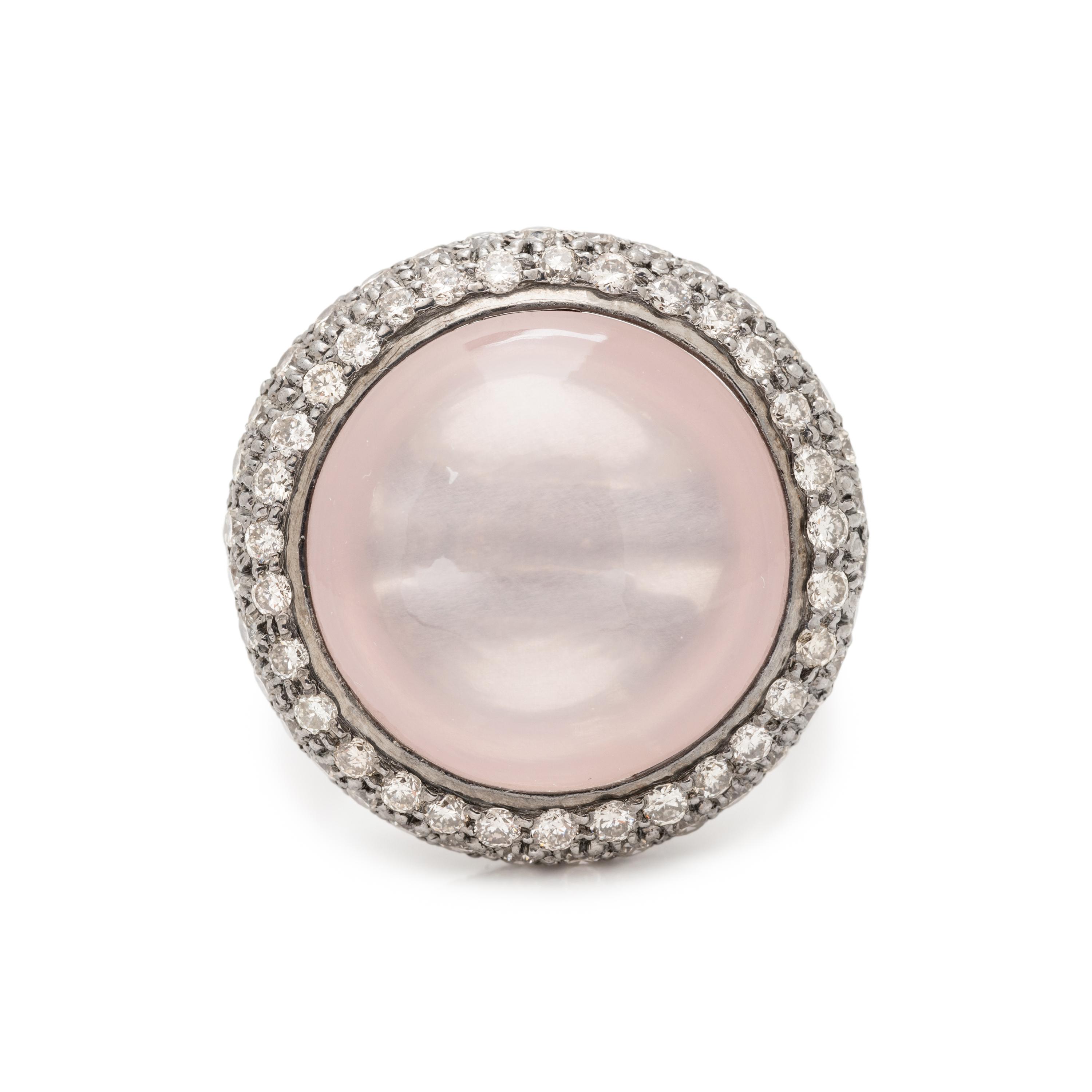 ROSE QUARTZ, DIAMOND, AND STERLING SILVER RING