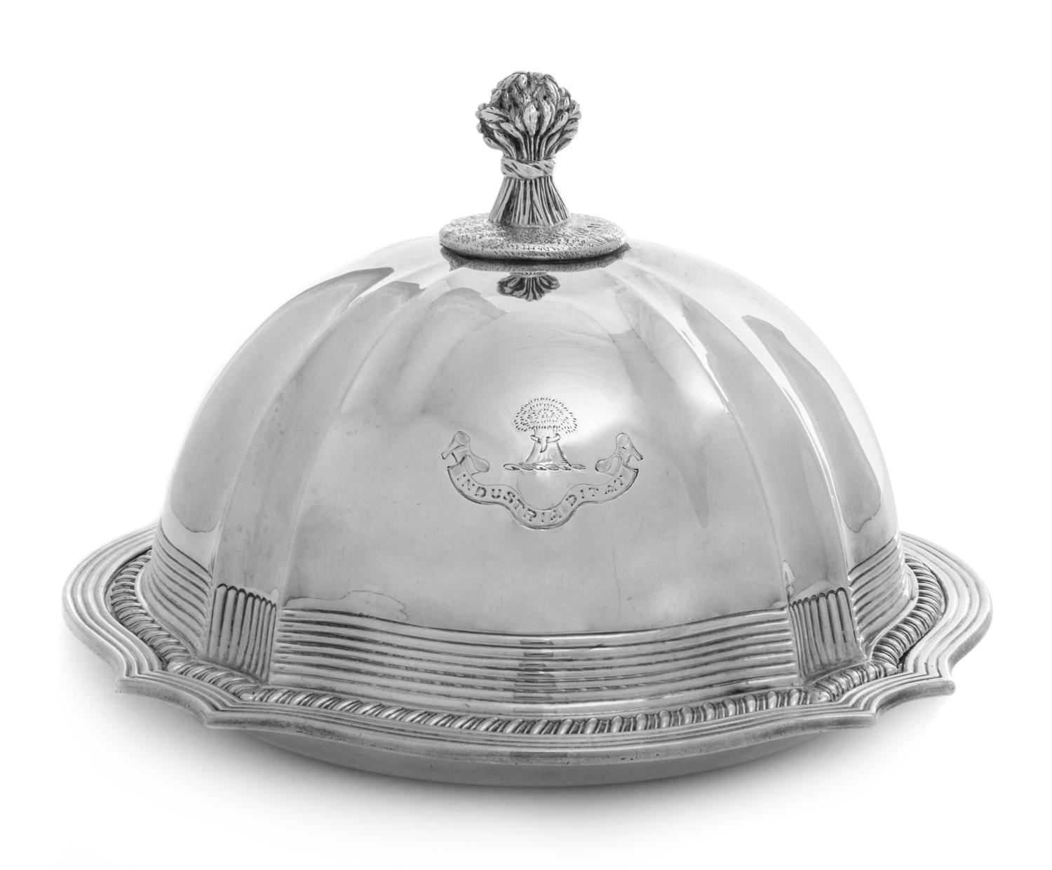 A Victorian Silver Muffin Dish and Cover, Charles Stuart Harris, London, 1893, the cloche with a wheat sheaf finial surmounting a ribbe