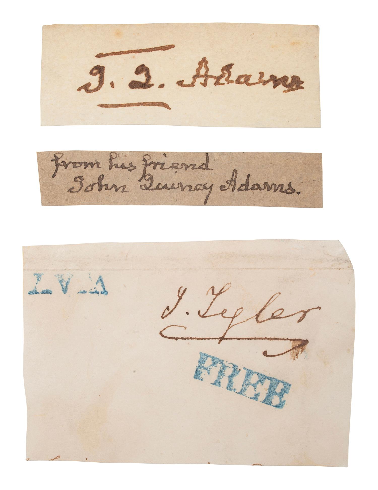 [PRESIDENTS]. A group of 3 signatures, incl. 2 John Quincy ADAMS clipped signatures and John TYLER signed free frank.