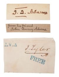 [PRESIDENTS]. A group of 3 signatures, incl. 2 John Quincy ADAMS clipped signatures and John TYLER signed free frank.