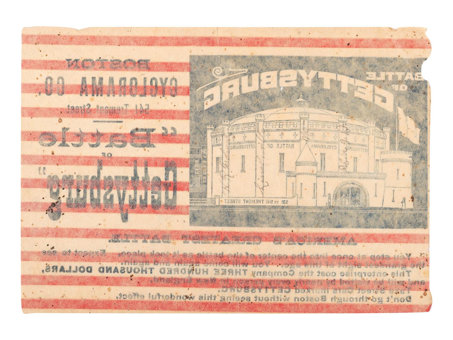 [CIVIL WAR - FLAGS]. Paper flag promoting the Battle of Gettysburg Cyclorama at Boston, Massachusetts. Ca 1884-1892.