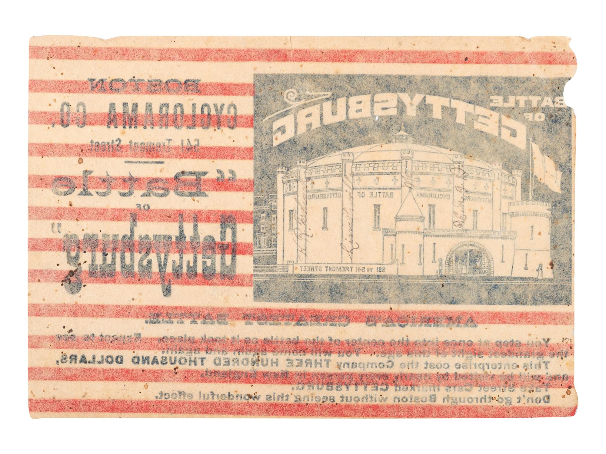 [CIVIL WAR - FLAGS]. Paper flag promoting the Battle of Gettysburg Cyclorama at Boston, Massachusetts. Ca 1884-1892.