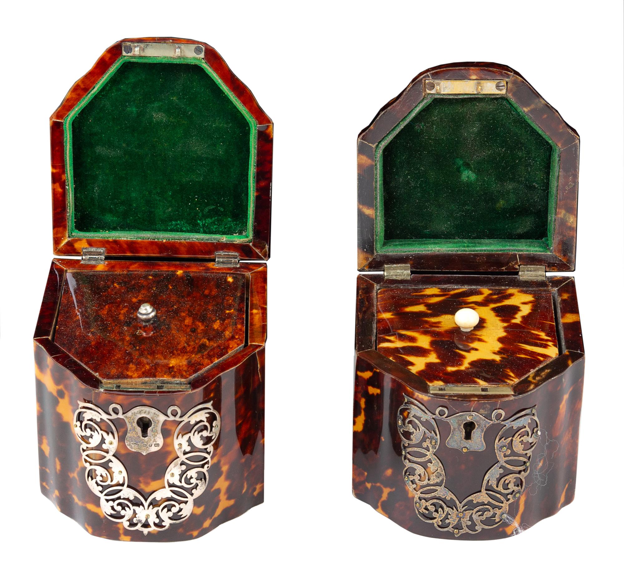Two Victorian Silver-Mounted Tortoise Shell Tea Caddies Height 4 x width 3 1/2 inches. — 19TH CENTURY