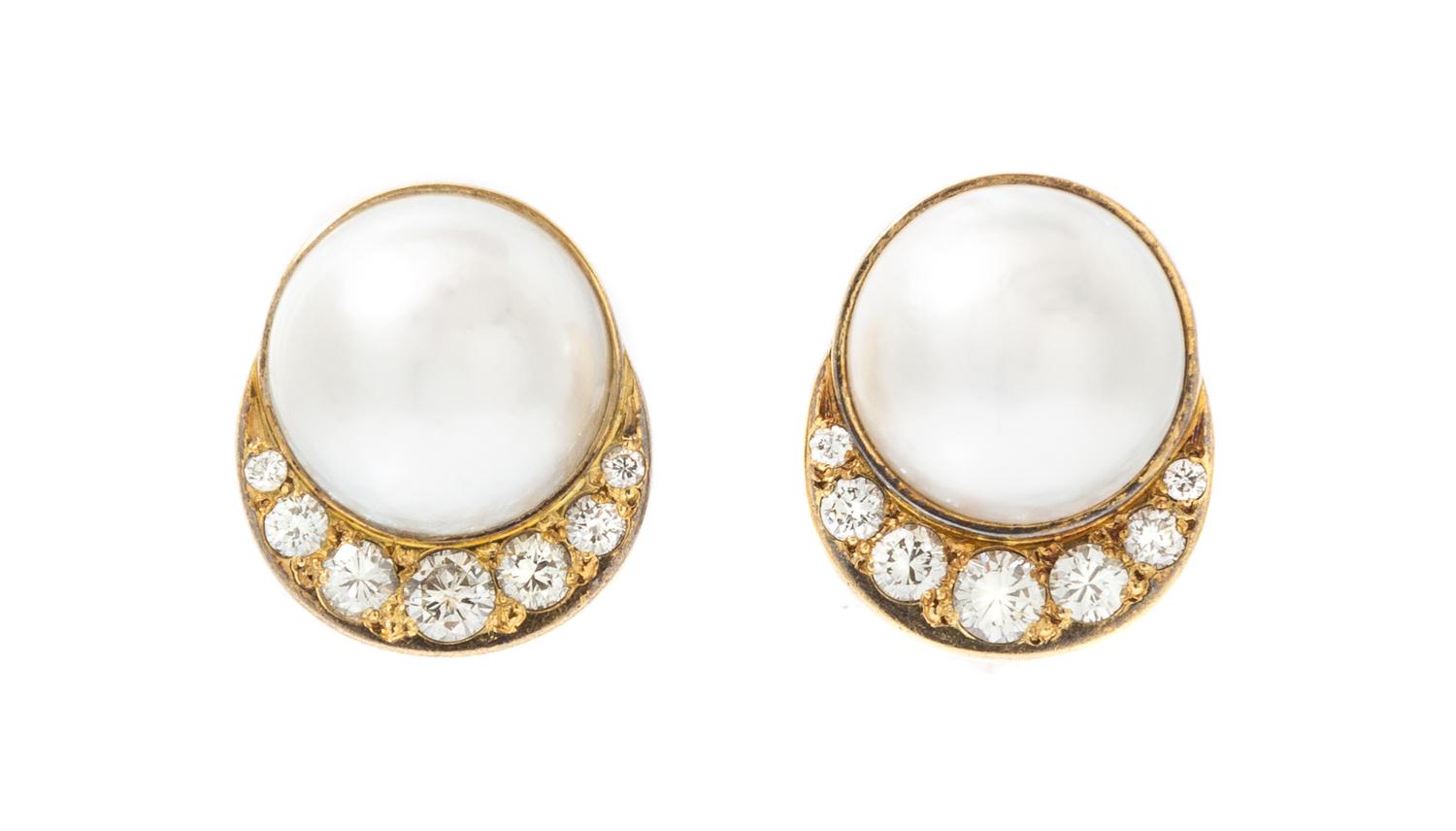 A Pair of 18 Karat Yellow Gold, Cultured Mabe Pearl and Diamond Earclips, Susan Berman, 9.30 dwts.