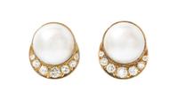 A Pair of 18 Karat Yellow Gold, Cultured Mabe Pearl and Diamond Earclips, Susan Berman, 9.30 dwts.
