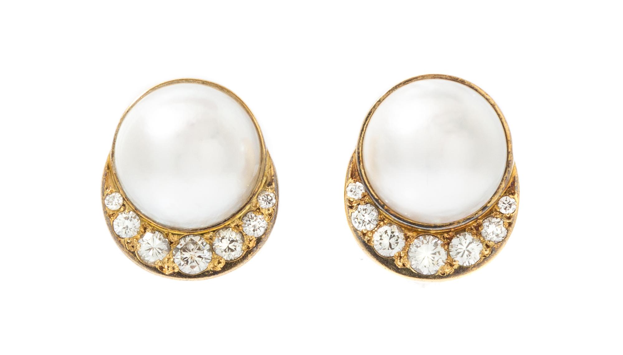 A Pair of 18 Karat Yellow Gold, Cultured Mabe Pearl and Diamond Earclips, Susan Berman, 9.30 dwts.