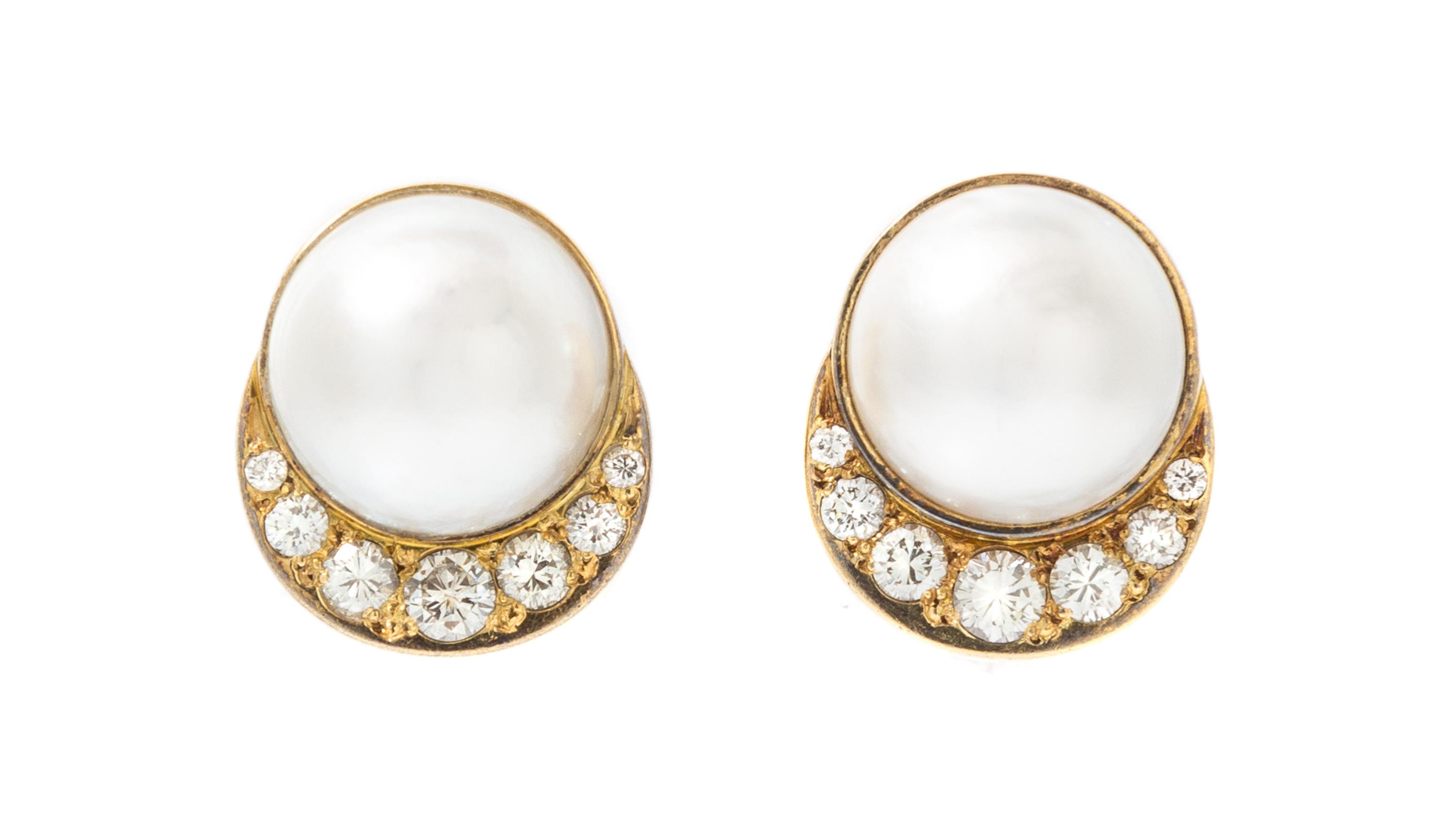 A Pair of 18 Karat Yellow Gold, Cultured Mabe Pearl and Diamond Earclips, Susan Berman, 9.30 dwts.
