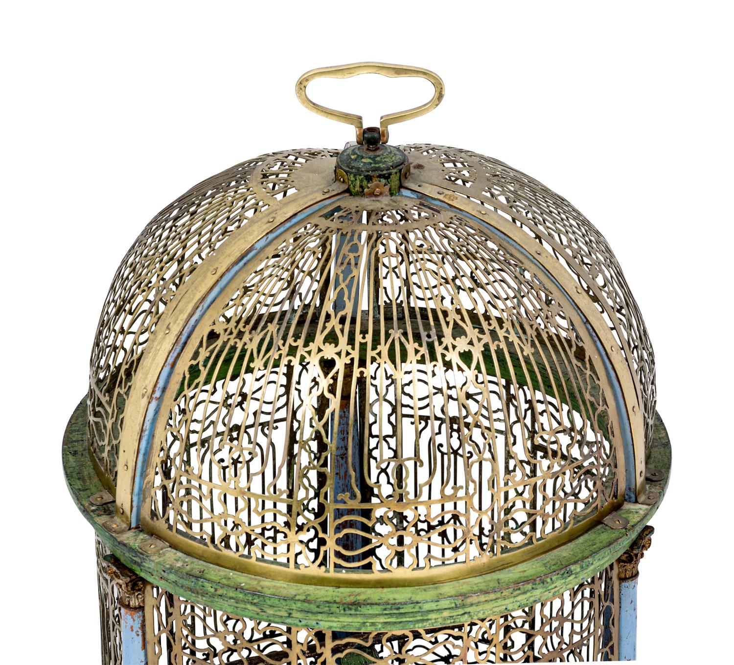 A North European Brass and Polychrome Painted Bird Cage