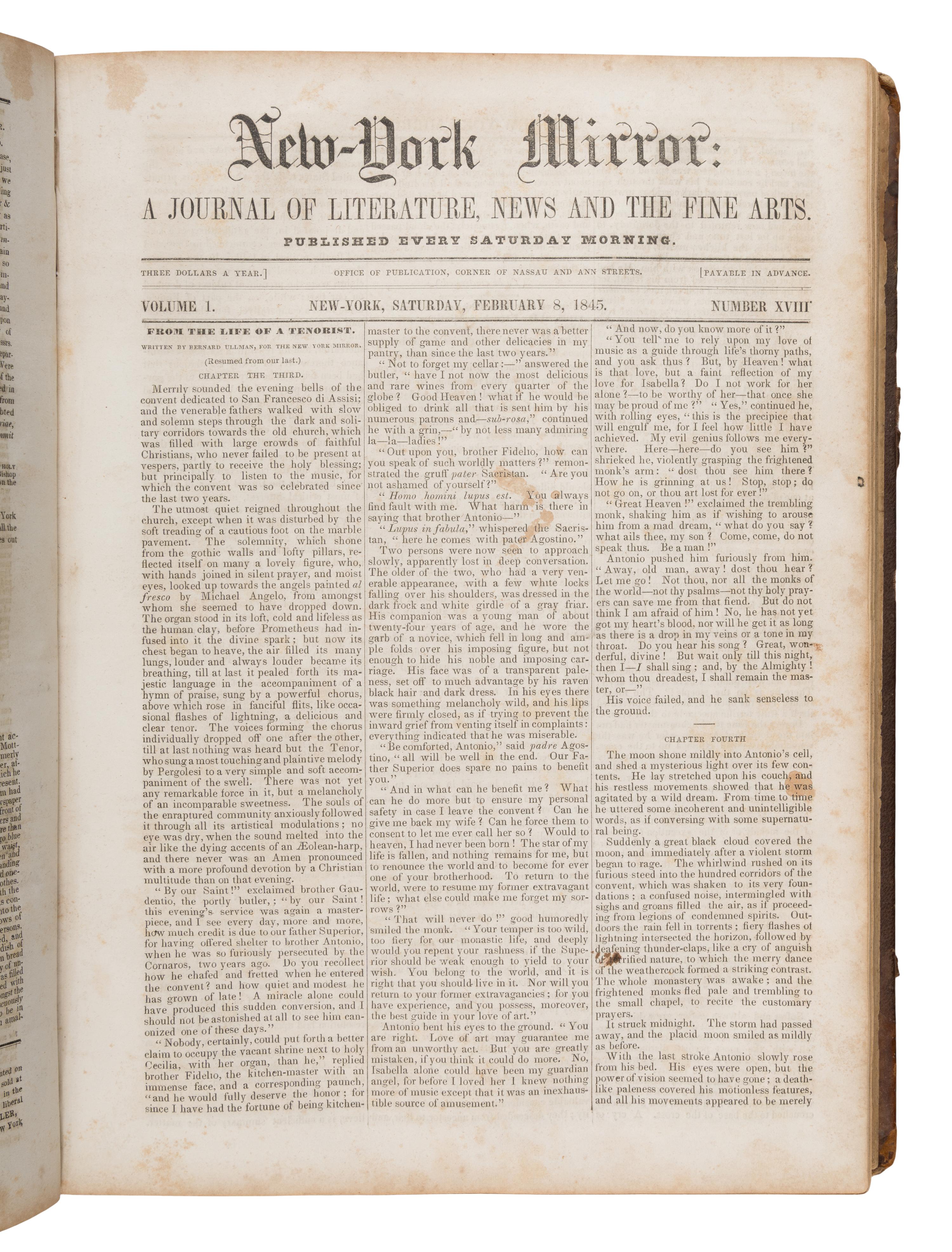 Poe, Edgar Allan (1809-1849). "The Raven." In: New-York Mirror . G.P. Morris and N.P. Willis, editors. New York, 8 February 1845.