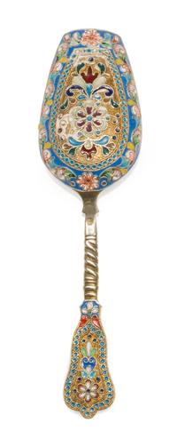 A Russian Enameled Silver and Plique-a-Jour Tea Scoop, , having a polychrome enamel and twist decorated handle, the scoop surrounded wi