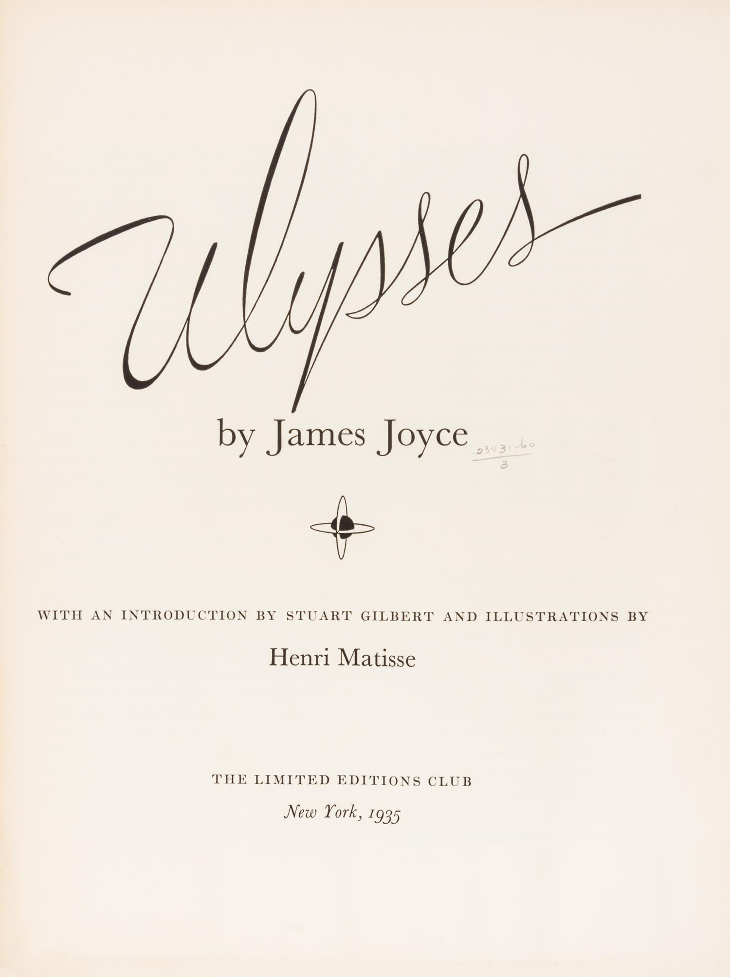 (LEC. MATISSE, HENRI) JOYCE, JAMES. Ulysses. New York, 1935. Limited edition, signed.