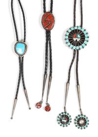 Three Southwestern Silver, Jet, Coral, Mother of Pearl and Turquoise Bolos Height of the first 1 5/8 inches.