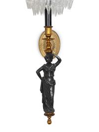 A Pair of Neoclassical Style Gilt Metal, Ebonized and Cut Crystal Wall Sconces — 20TH CENTURY