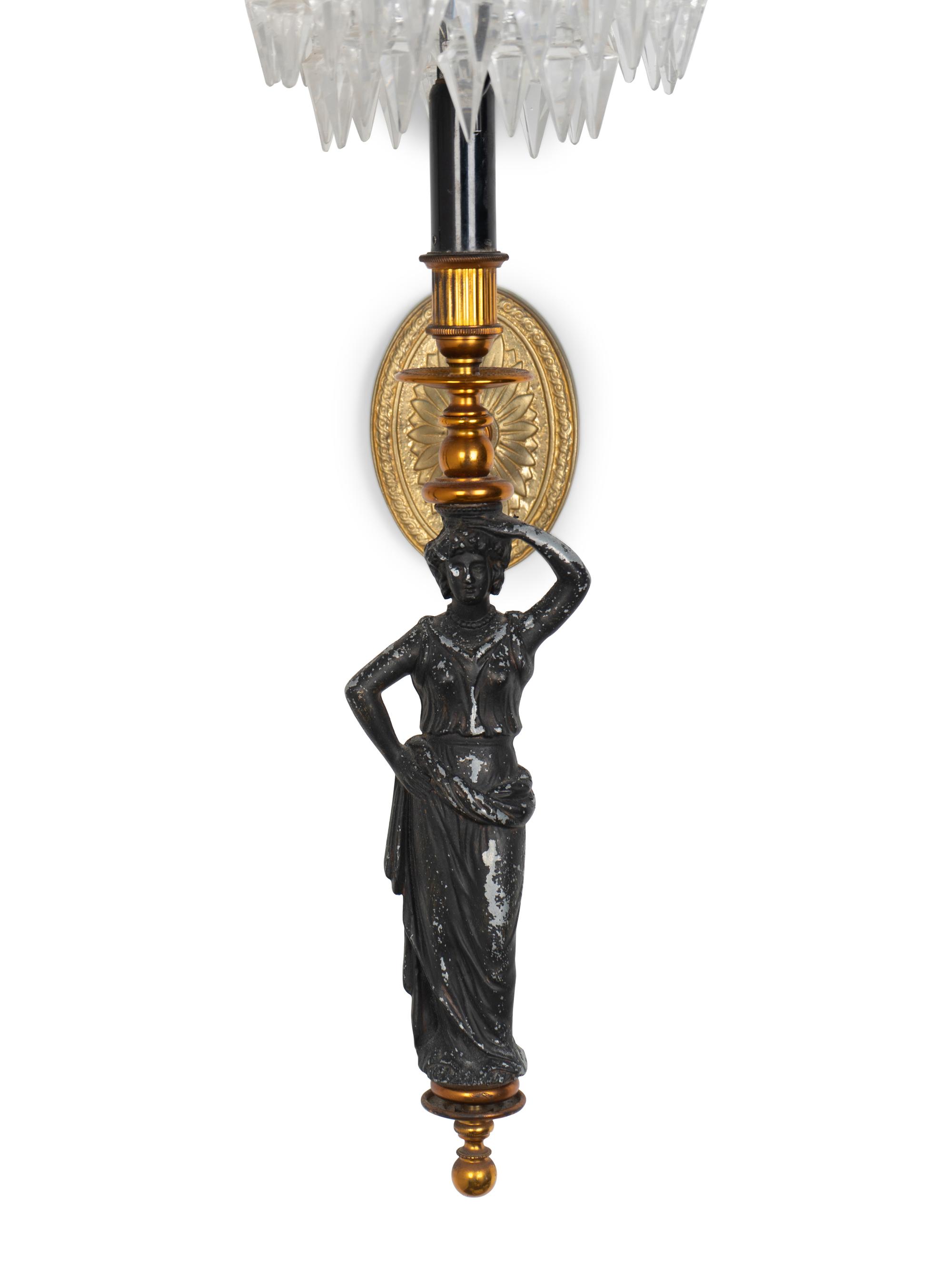 A Pair of Neoclassical Style Gilt Metal, Ebonized and Cut Crystal Wall Sconces — 20TH CENTURY