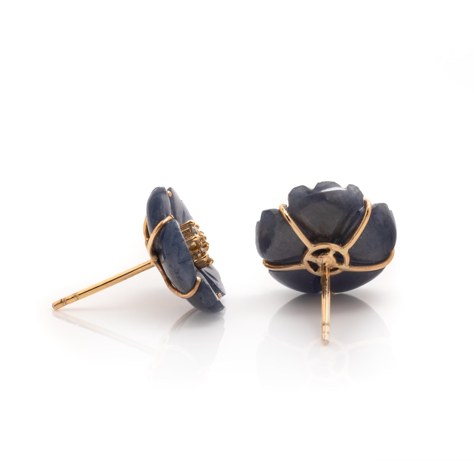 CARVED SAPPHIRE AND DIAMOND FLOWER EARRINGS