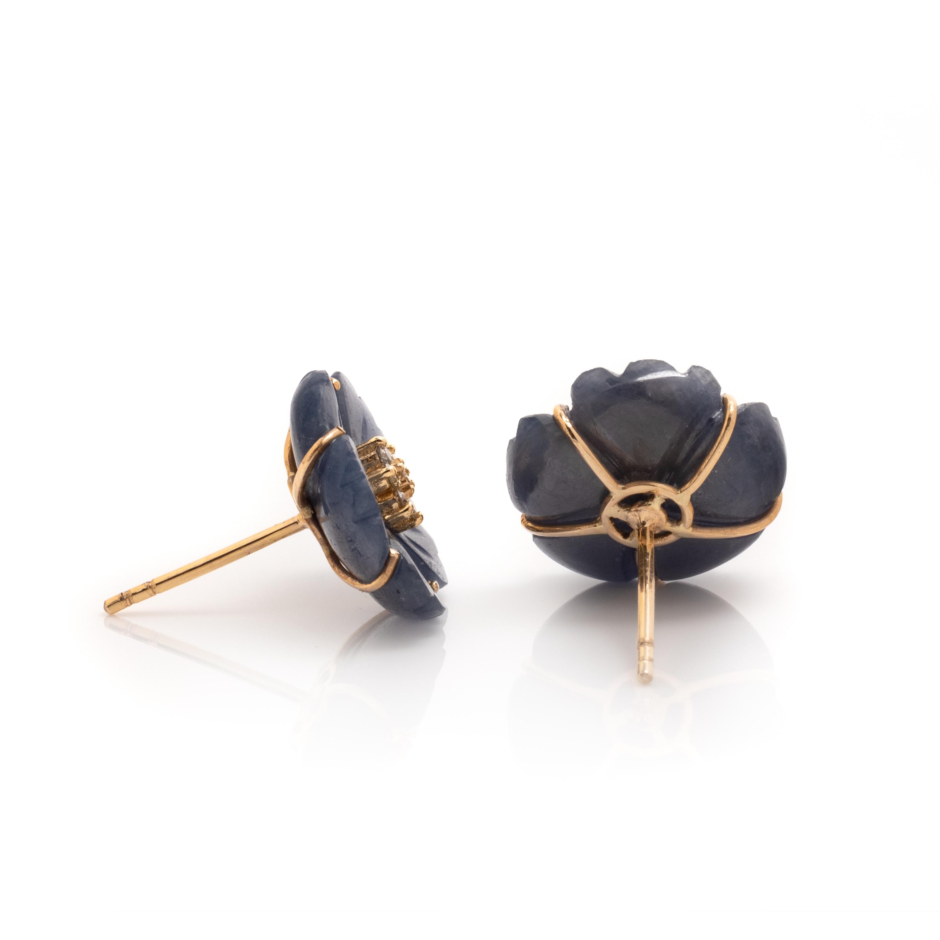 CARVED SAPPHIRE AND DIAMOND FLOWER EARRINGS