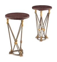 A Pair of Empire Style Gilt Bronze, Steel and Faux Porphyry Guéridons