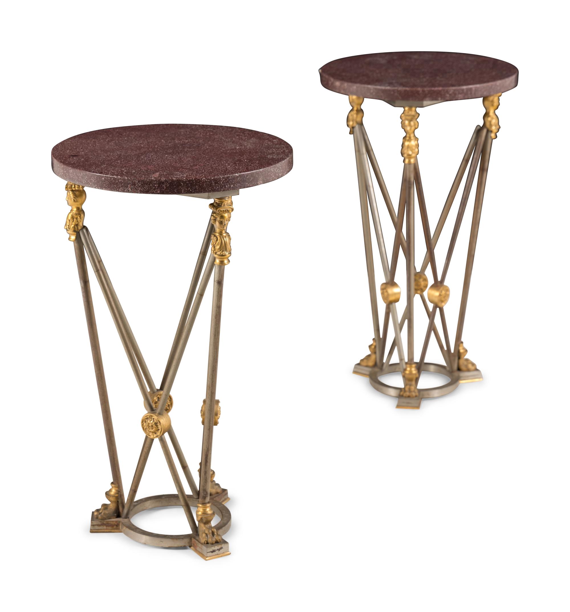 A Pair of Empire Style Gilt Bronze, Steel and Faux Porphyry Guéridons