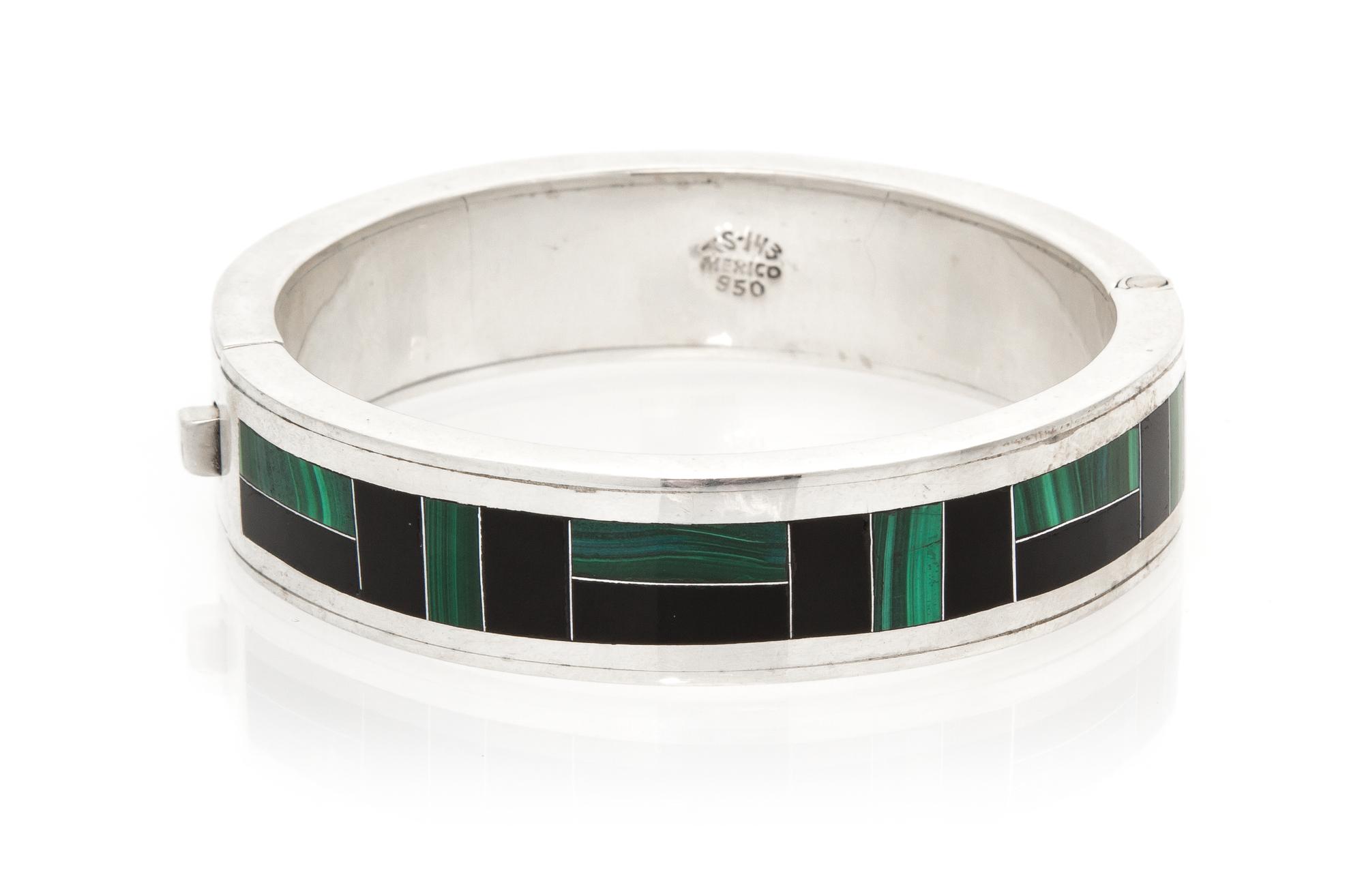 A Mexican Silver, Onyx and Malachite Bangle Bracelet, Mexico, 54.60 dwts.