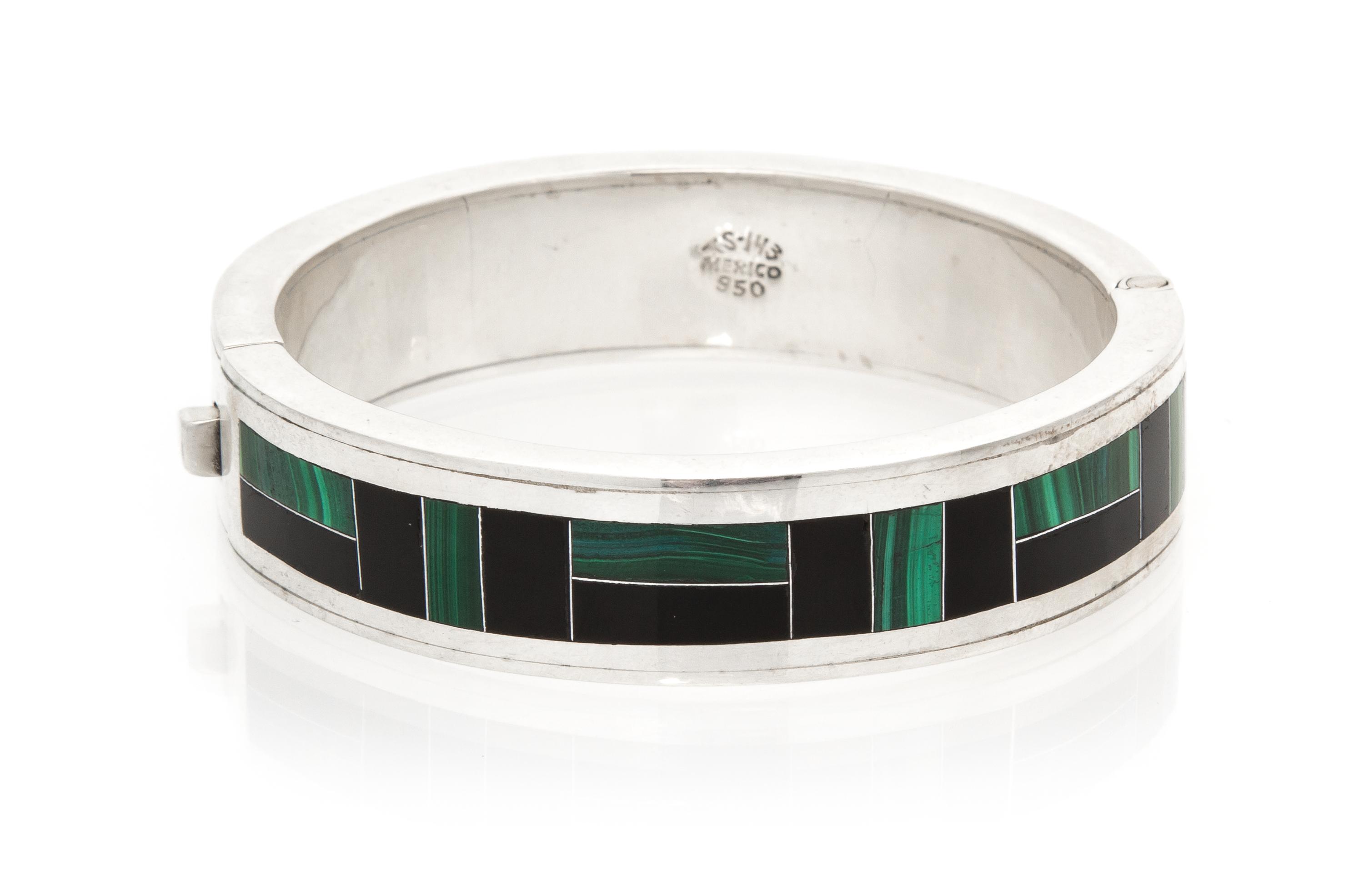 A Mexican Silver, Onyx and Malachite Bangle Bracelet, Mexico, 54.60 dwts.