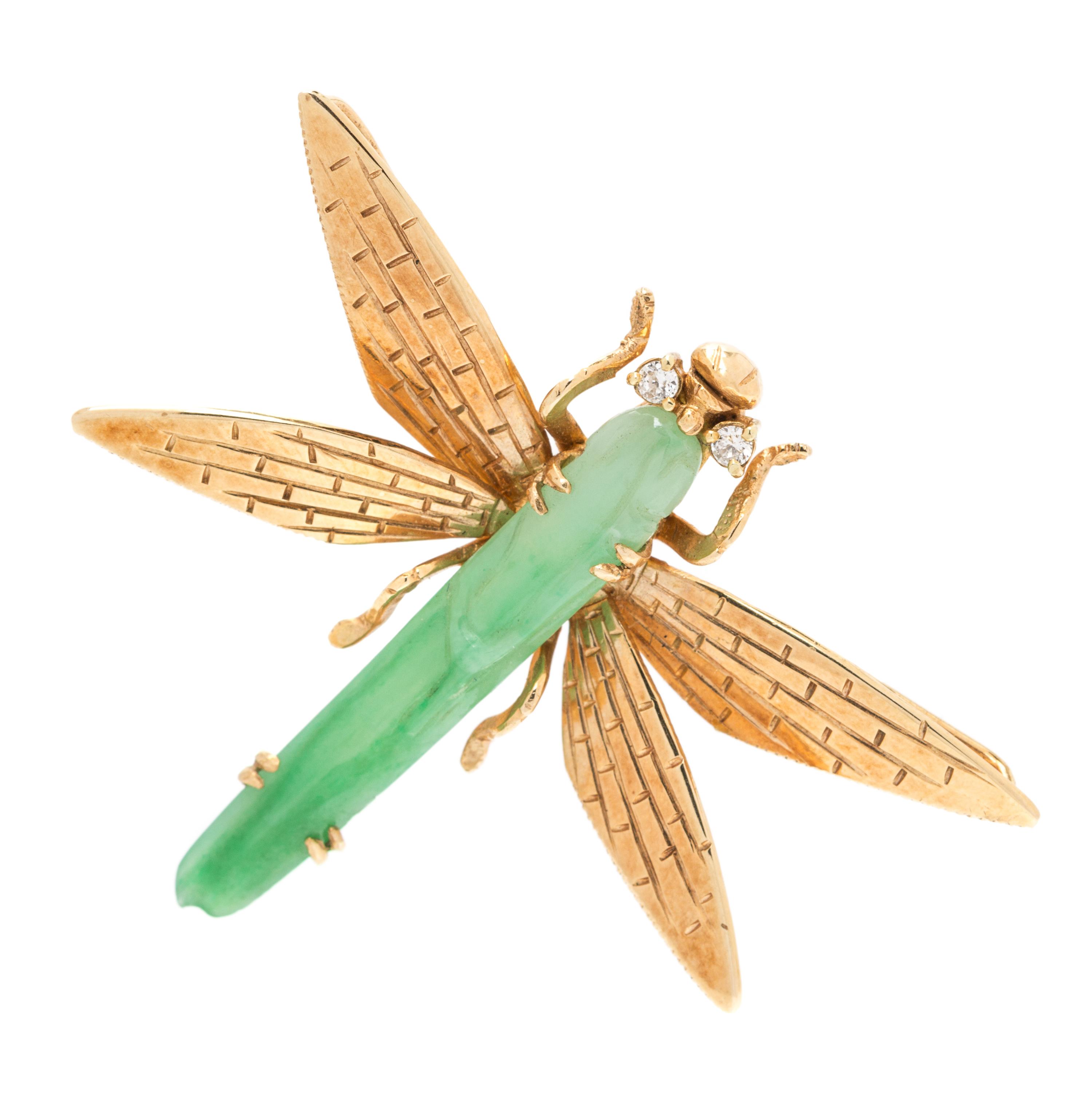 A 14 Karat Yellow Gold, Jade and Diamond Dragonfly Pendant/ Brooch, 3.80 dwts.