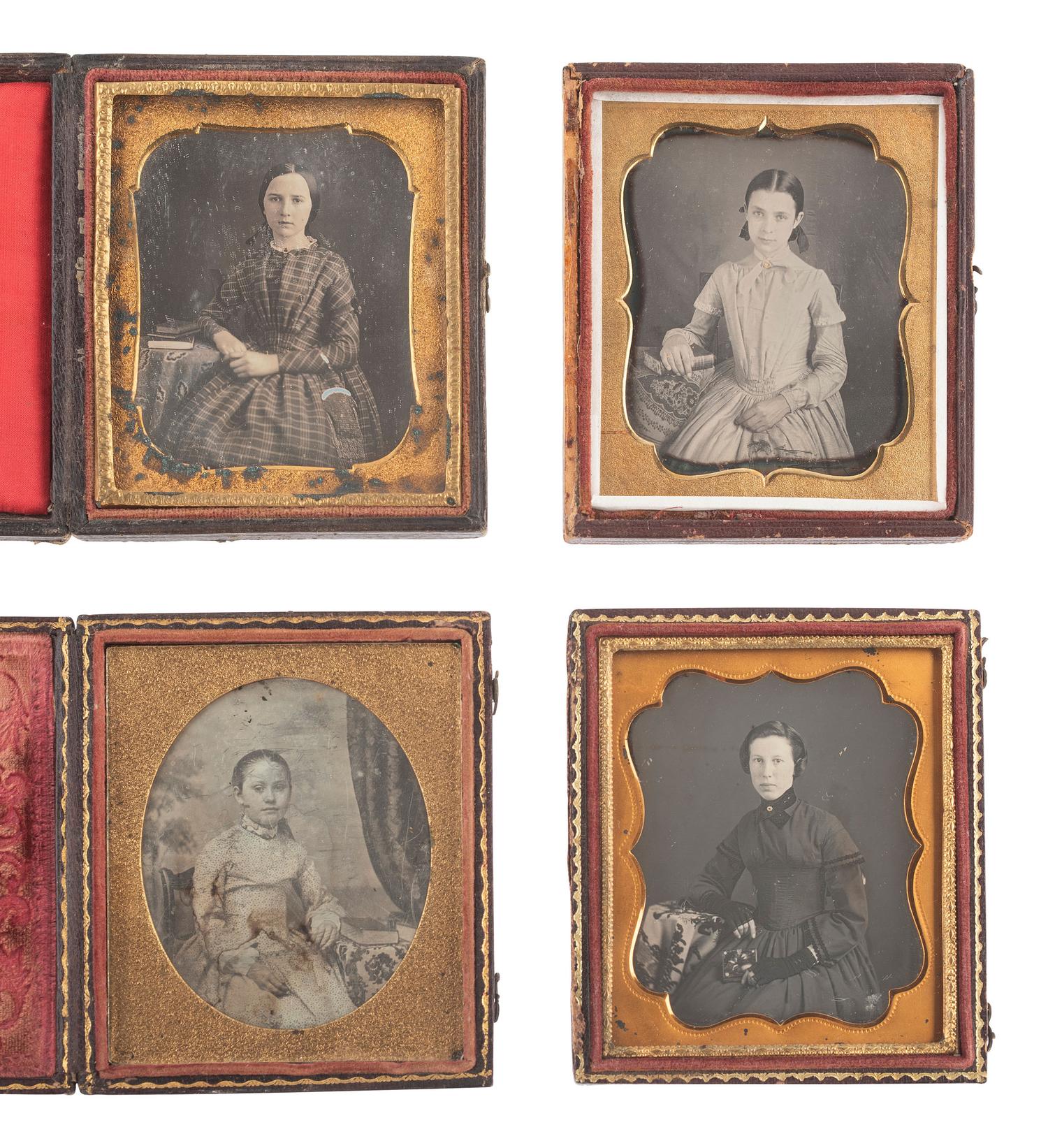 [EARLY PHOTOG] 16 sixth plate daguerreotypes of girls & young ladies posed with books & cased images