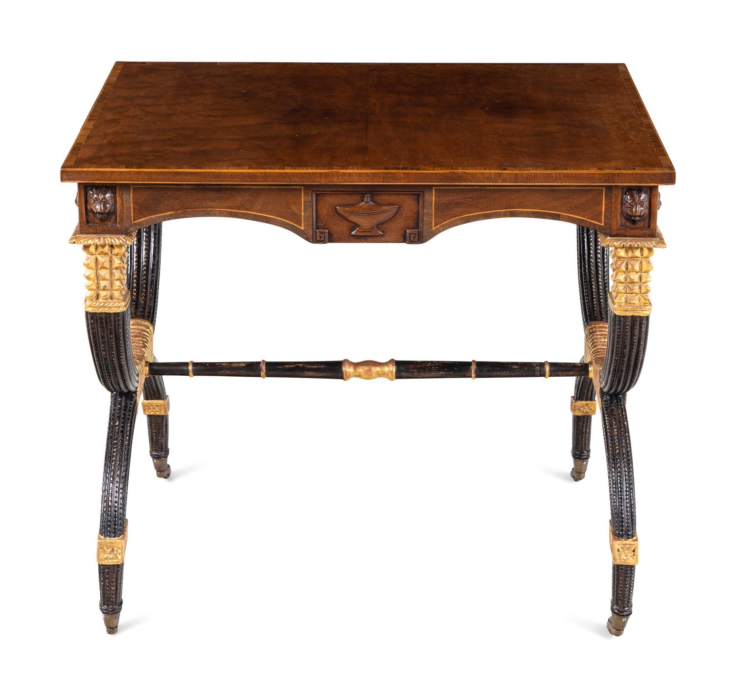 A Regency Style Inlaid Mahogany, Ebonized and Parcel-Gilt Side Table