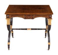 A Regency Style Inlaid Mahogany, Ebonized and Parcel-Gilt Side Table