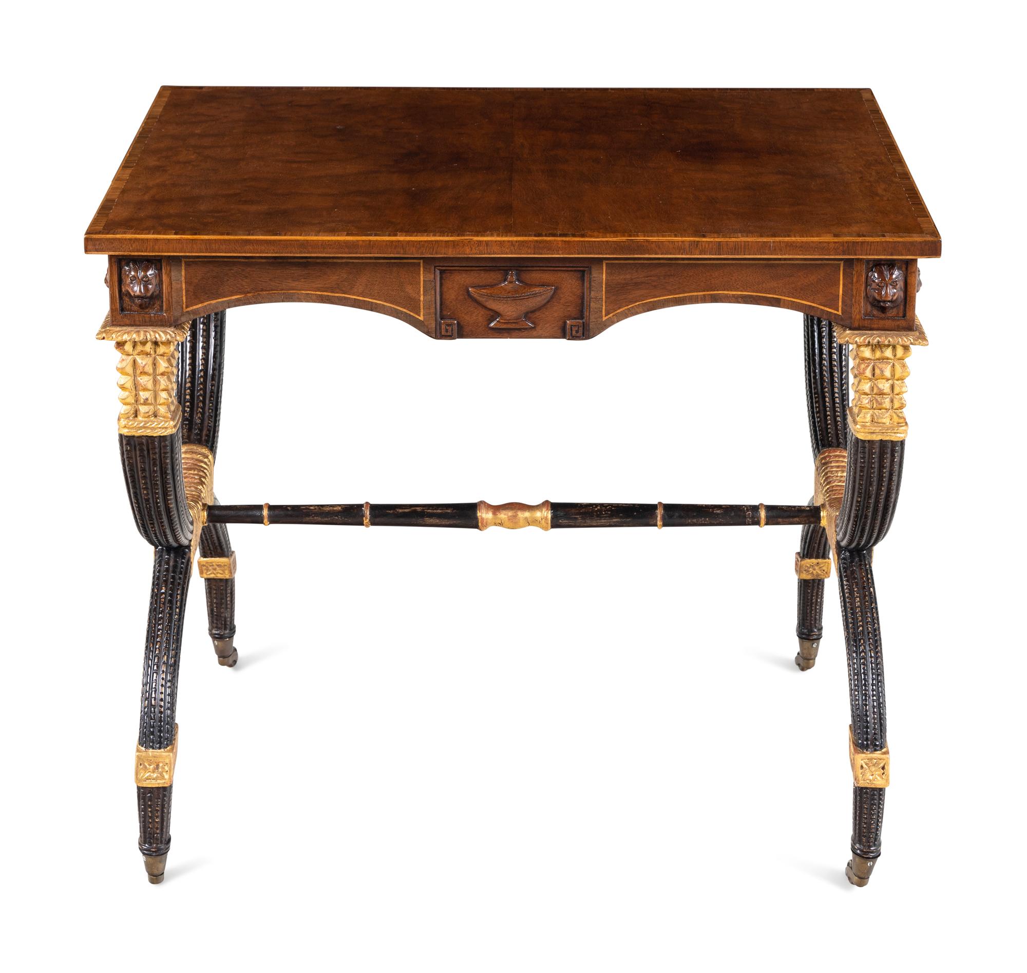 A Regency Style Inlaid Mahogany, Ebonized and Parcel-Gilt Side Table