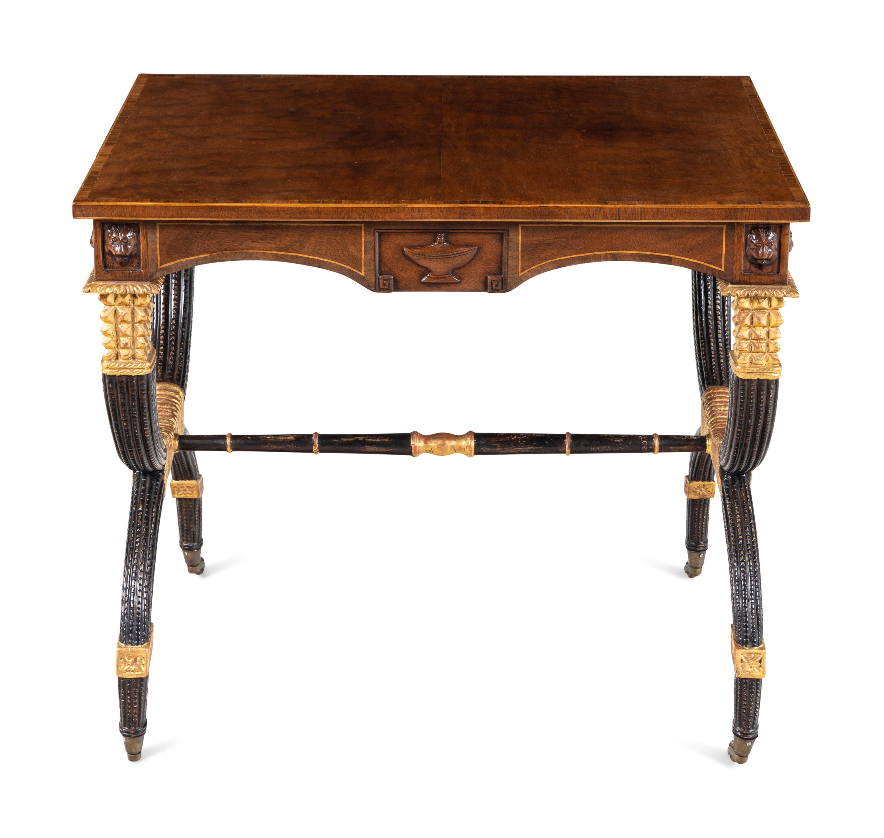 A Regency Style Inlaid Mahogany, Ebonized and Parcel-Gilt Side Table